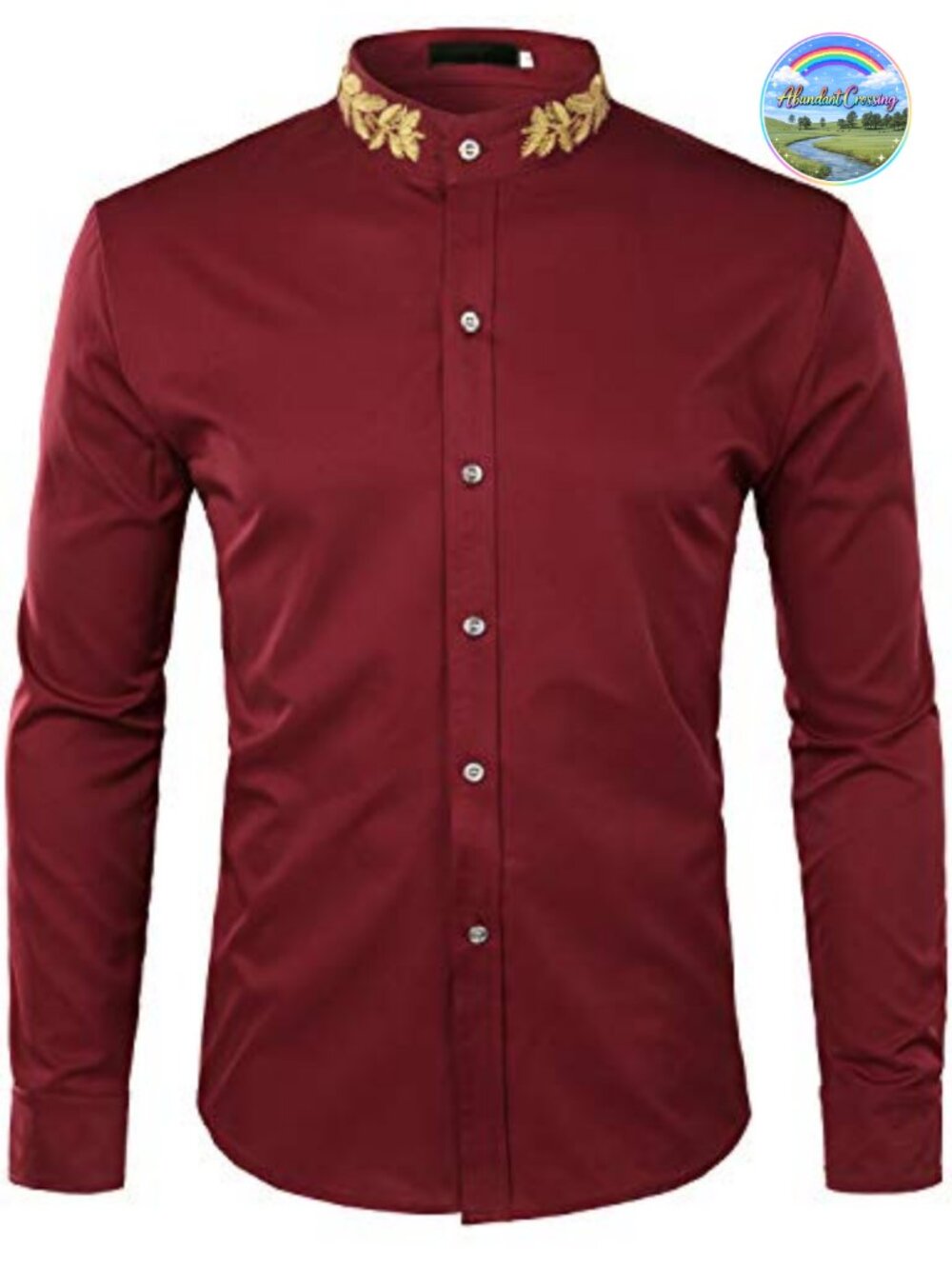 Mens Gold Embroidery Mandarin Collar Dress Shirt Slim Fit Long Sleeve